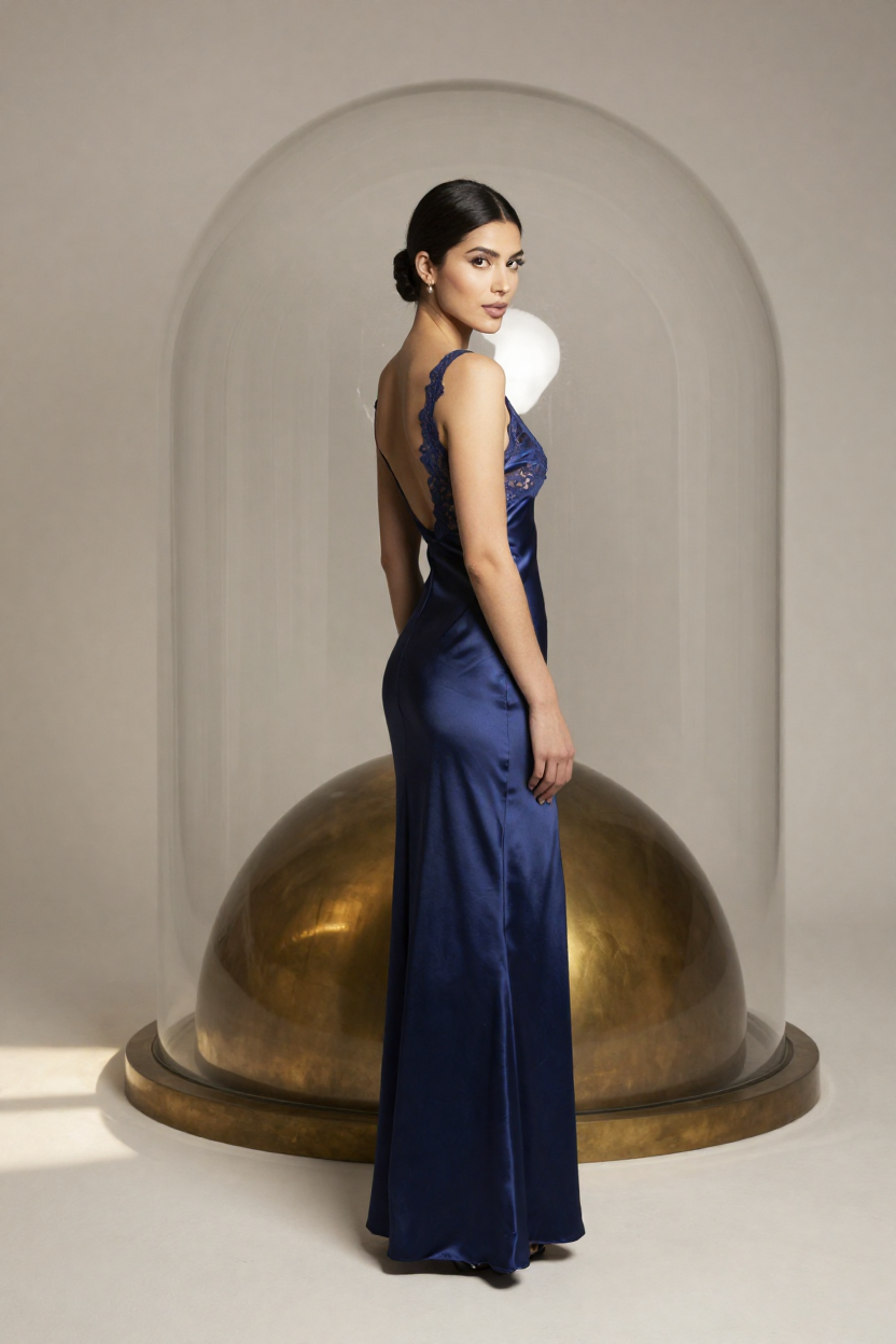 Fictional 27-year-old woman, long glossy black hair gathered into a low chignon at the nape, defined