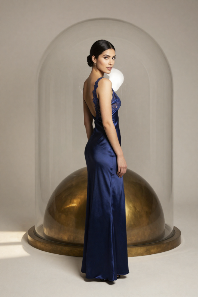 Fictional 27-year-old muse in a cobalt satin slip dress beneath the glass dome of the Hemisphere Room